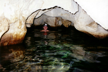 Swimming through cave